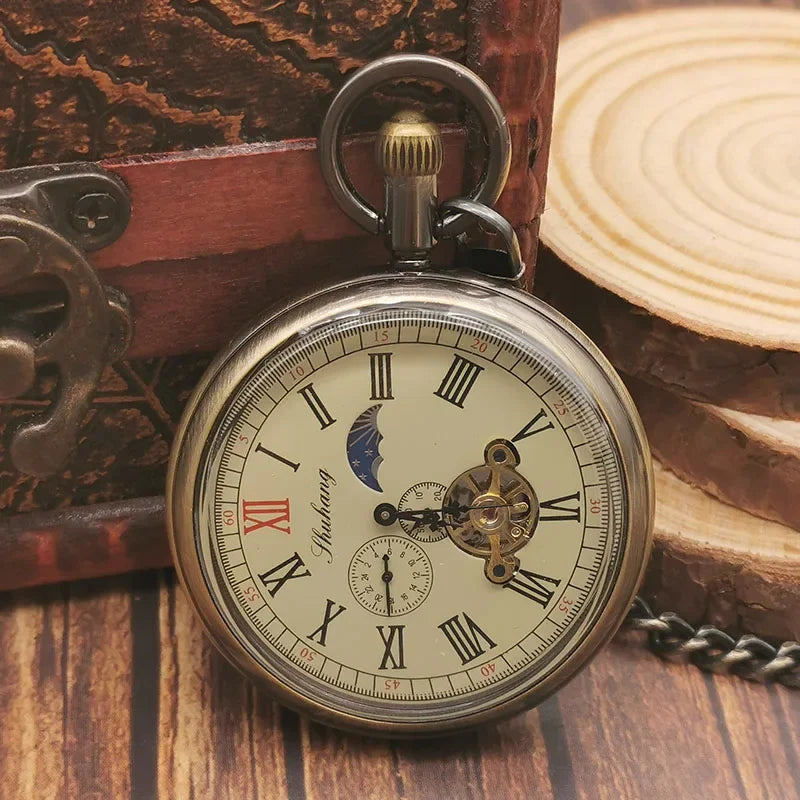 Luxury High Quality Golden Moon Phase Mechanical Pocket Watch Roman Number Tourbillon Dial Pendant Chain Men Women PJX1398