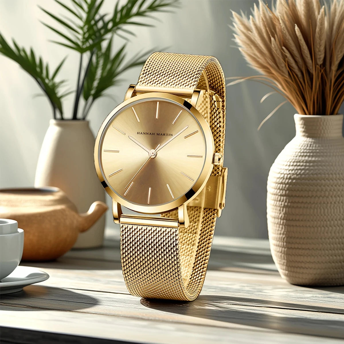 Hannah Martin Original Women Watch With Japanese Imported Movement Fashionable Simple Style Stainless Steel Mesh Rose Wristwatch