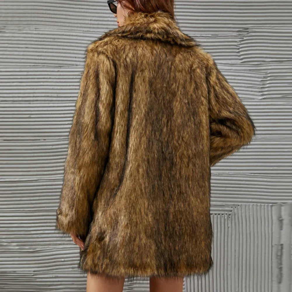 Faux Fur Coat Women Warm Loose Autumn Winter Brown Long Coats Turn Down Collar Sleeve High Waist Maxi Elegant 2024 Jacket
