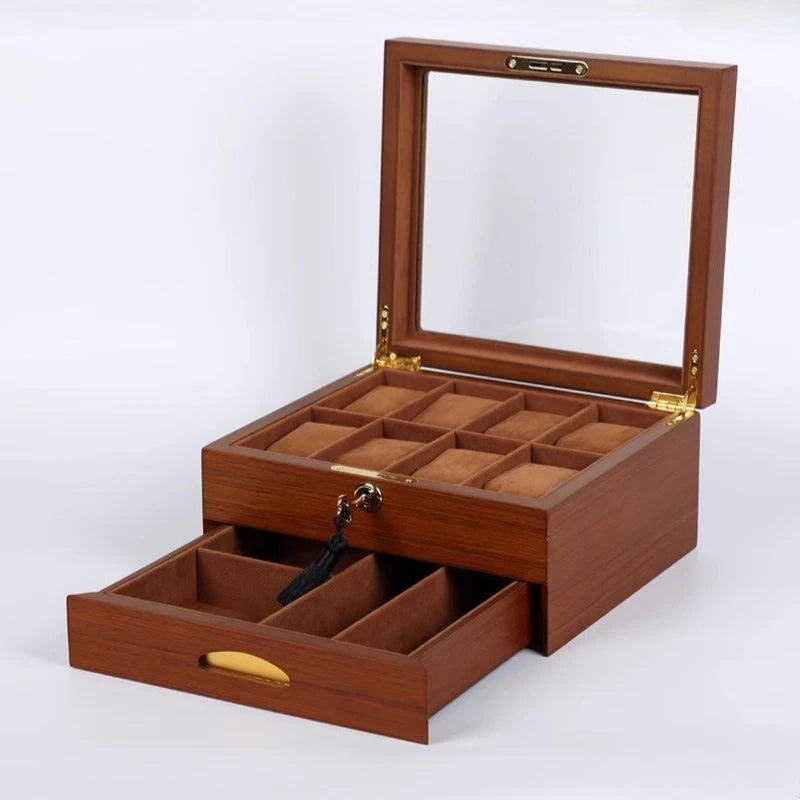 Wooden Watch Boxes Drawer Jewelry Watches Display Box Transparent Window Watches Storage Case with Lock Jewellery Organizer