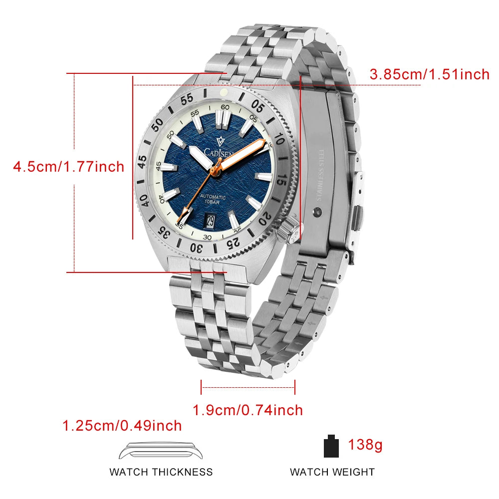 CADISEN Automatic Mechanical Watch Man Meteorite Dial Business Casual Waterproof Watch MIYOTA 316L Stainless Steel Men's Watch