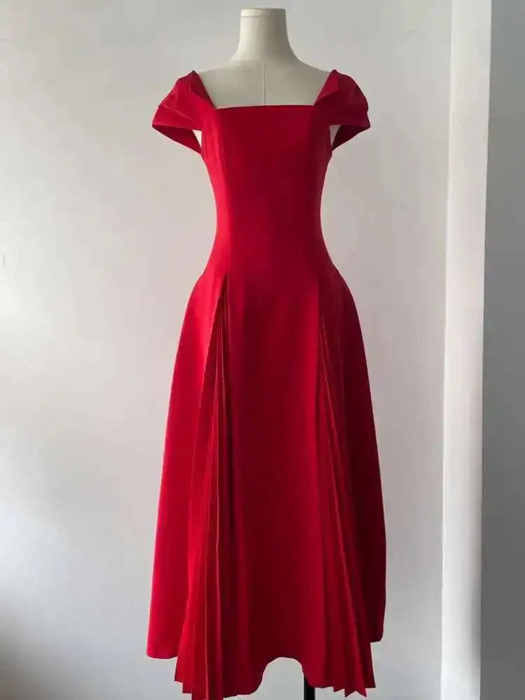 DEAT Elegant Dress Square Collar Backless High Waist Pleated Patchwork Women's Evening Dresses 2025 Autumn New Fashion 35Z405
