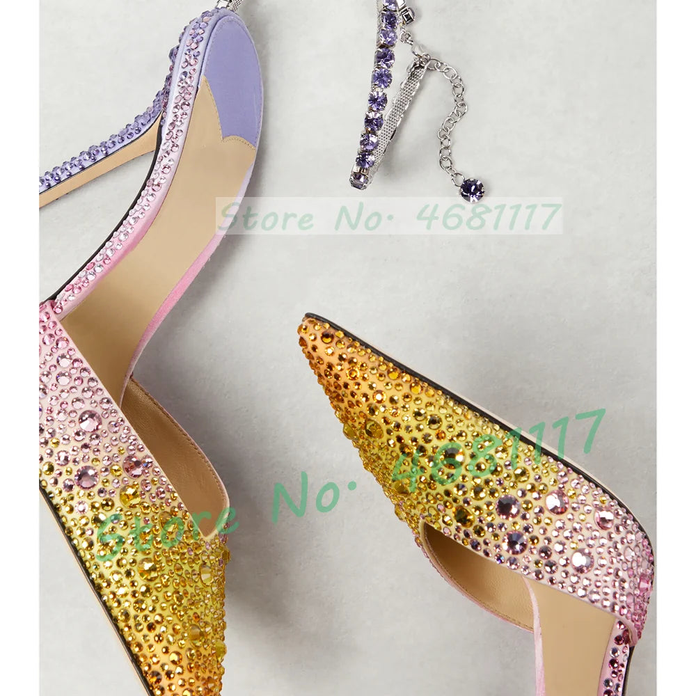 Shiny Gradient Crystal Pointed Toe Satin Sandals Women Luxury Wedding Colored High Heels Bling Ankle Strap Evening Dress Shoes