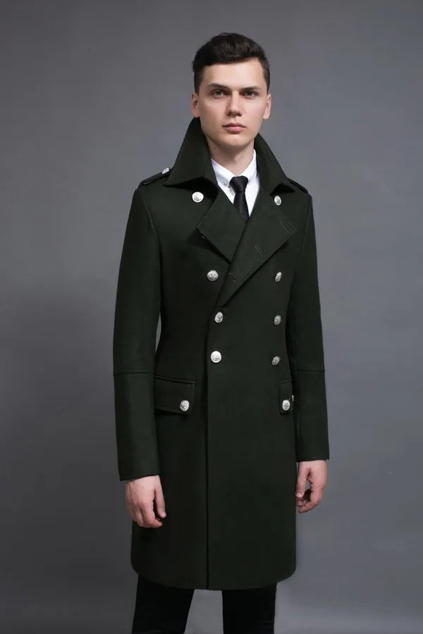 Men's Double Breasted Military Army Wool Coat Plus Size Thick Cashmere Work Business Solid Slim Pea Coat Winter Fashion