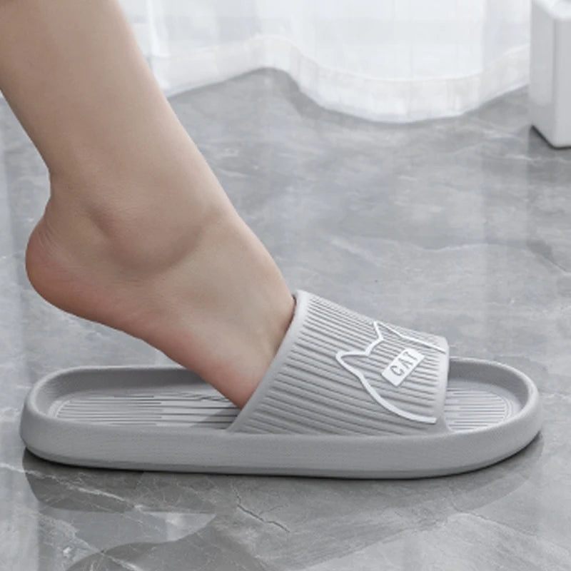 Women Slippers Bath Thick Platform Non-Slip Home Cat Cartoon Flip Flops Summer Beach Sandals Couple Slides Indoor Shoes