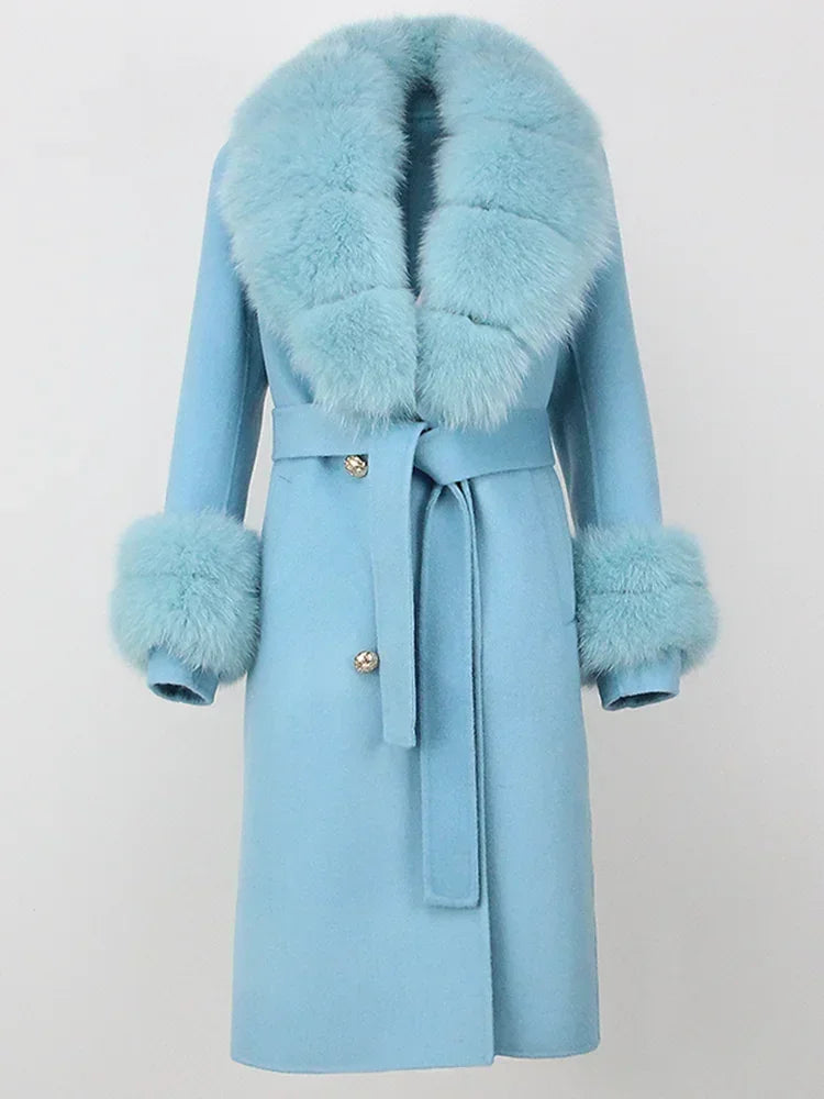 2024 Winter Jacket Women Long Natural Wool Blends Cashmere Real Fur Coat Double Breasted Belt Warm Wool Streetwear New Fashion