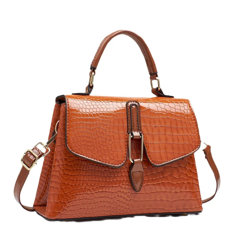 TRAVEASY Brand 2025 New Women's Tote Crossbody Shoulder Bag Crocodile-Embossed Glossy Flap Spacious Capacity Fashionable Handbag