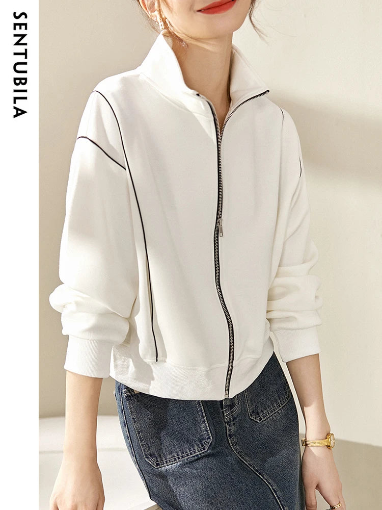 SENTUBILA Casual White Jacket Women Outerwear 2025 Spring Fashion Loose Stand Collar Full Zip Outdoor Short Coats 131W45929
