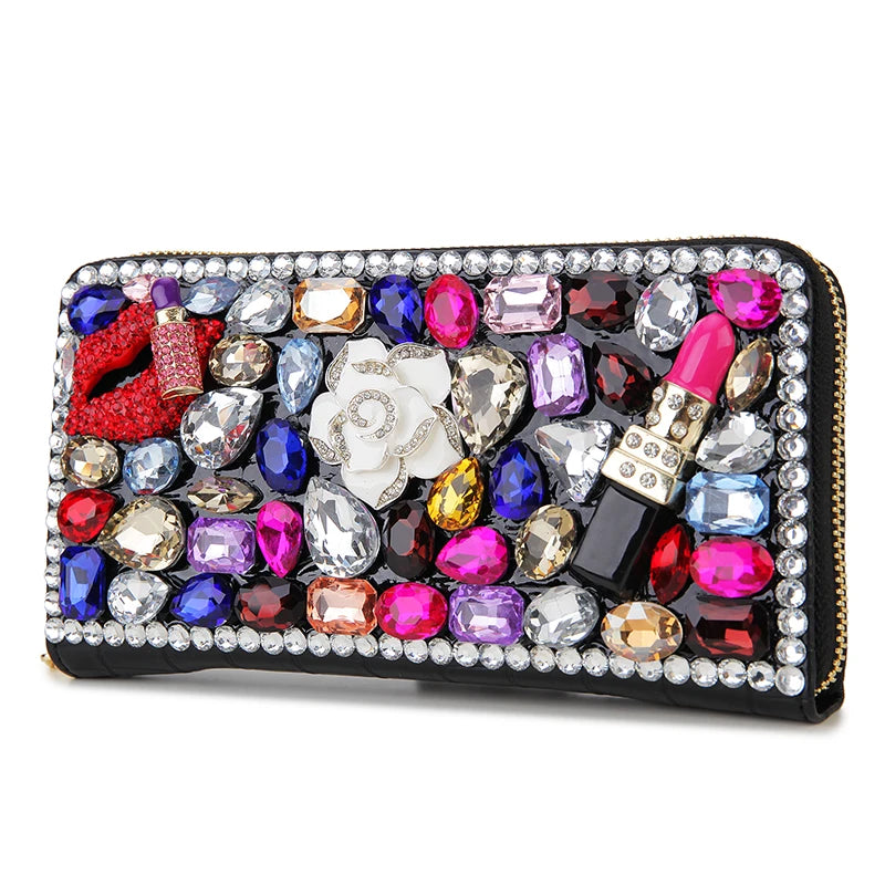 Luxury Diamond Women Long Purse Card Holder Coinetter Color Crystal Red Lip Pearl Wallet Pu Leather Zipper Around Wallet Female