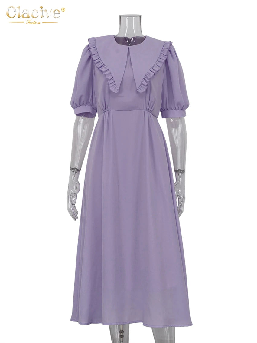 Clacive Summer Loose Purple Women's Dress 2025 Fashion Lapel Short Sleeve Midi Dresses Elegant Classic High Waist Female Dress