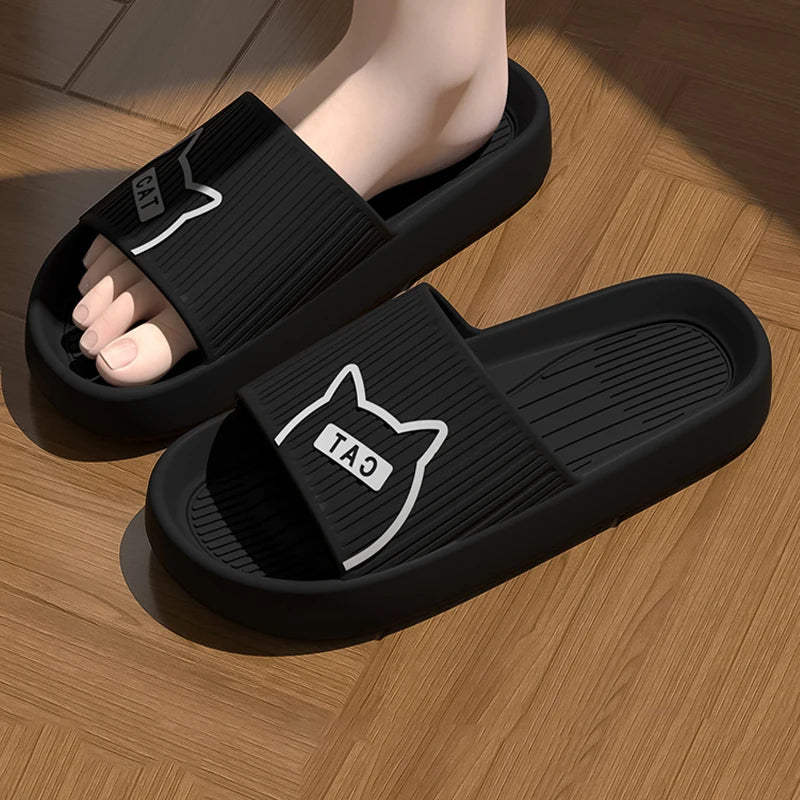 Women Slippers Bath Thick Platform Non-Slip Home Cat Cartoon Flip Flops Summer Beach Sandals Couple Slides Indoor Shoes