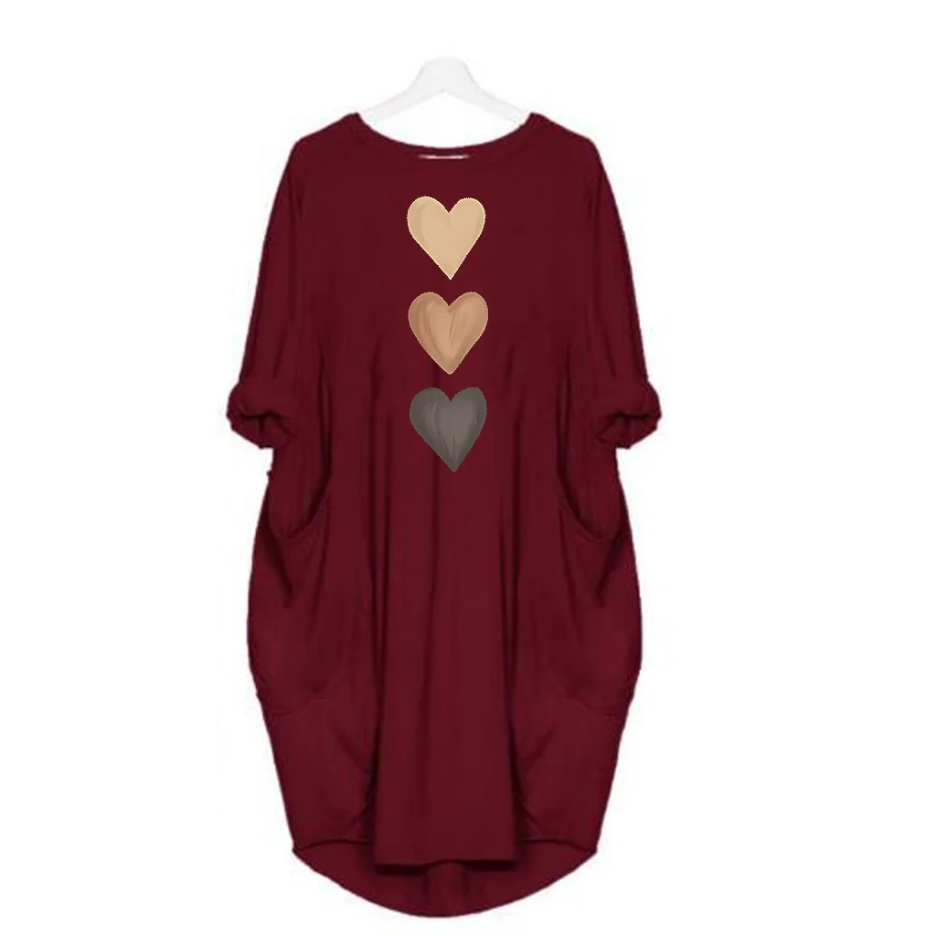 Women's three heart-shaped printed pocket dress, casual round neck short sleeved dress for spring and summer women's wear