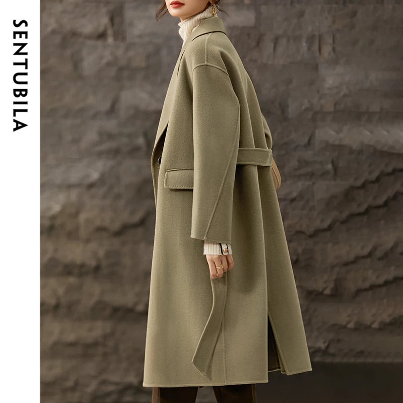 SENTUBILA 100% Woolen Long Coat For Women 2025 Winter Thick Straight Belted Mid-length Warm High Quality Outerwear W44O56770X