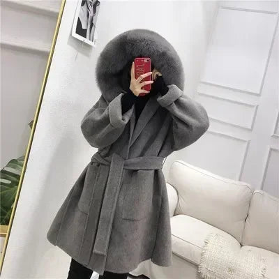 2024 New Woolen Coat Oversize Ladies Outerwear Winter Women Natural Fox Fur Collar Cuffs Jacket Hood Cashmere Wool