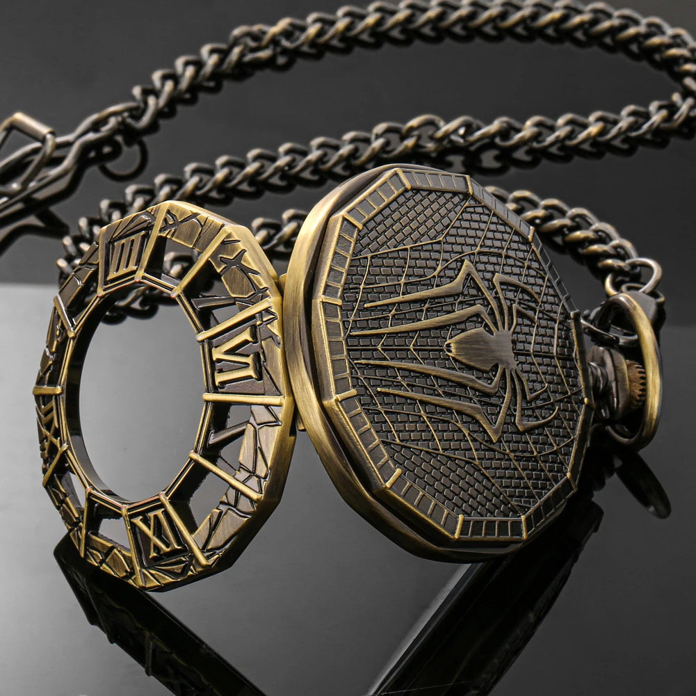 Vintage Bronze Roman Numerals Manual Mechanical Pocket Watch Men Antique Gifts Cool Spider Pattern Back Cover Pocket Clock Man
