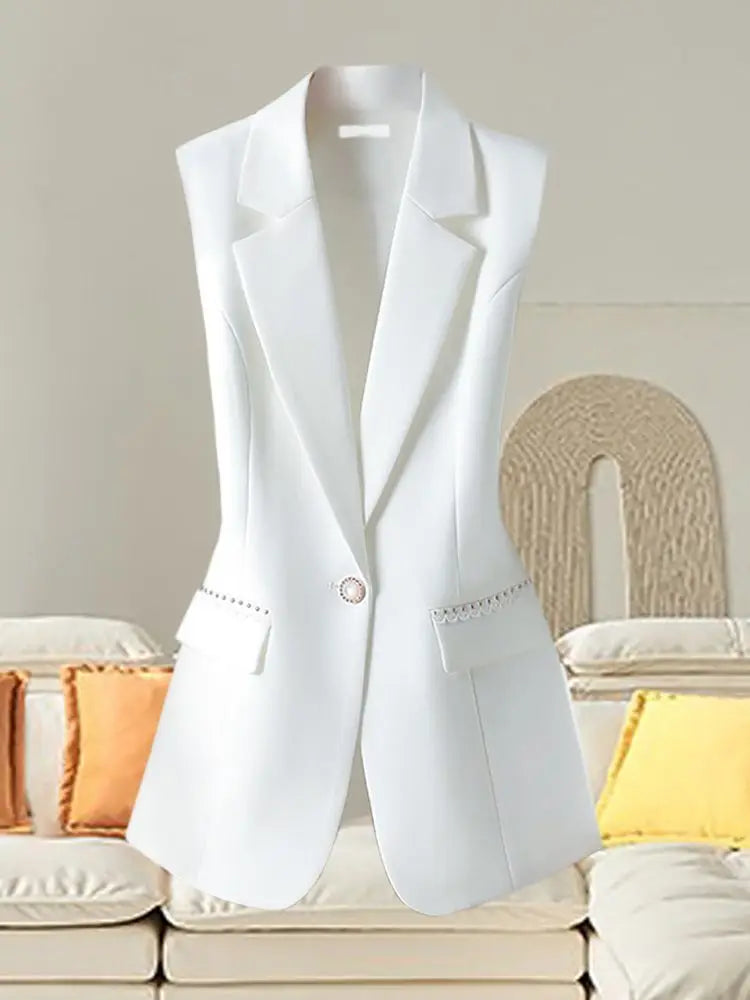 French Elegant Fashion White Suit Vest Women Clothing Summer New High Waist Elegant Slimming Sleeveless Coat Office Lady Clothes