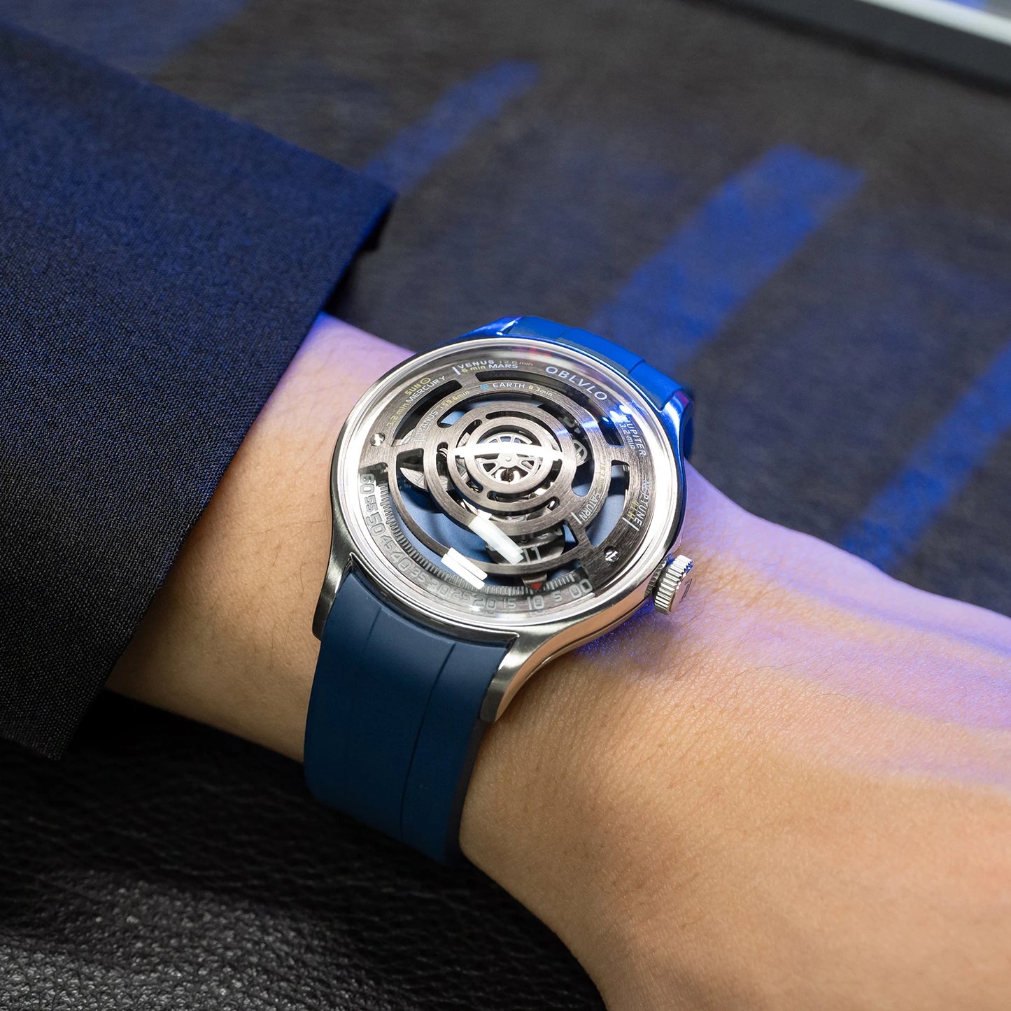 OBLVLO Designer Circular Dial Blue Nightlight Silicone Automatic Watch Unique Rotor Blue Dial Mechanical Watches BLM-SOLAR