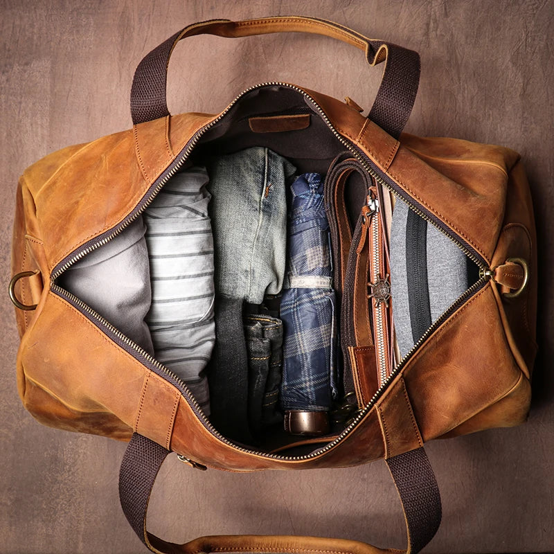 LUOKIR Luxury Genuine Leather Travel Bag Vintage Crazy Horse Cowhide Shoulder Luggage Bag Men Casual Handbag Weekend Duffle Bag