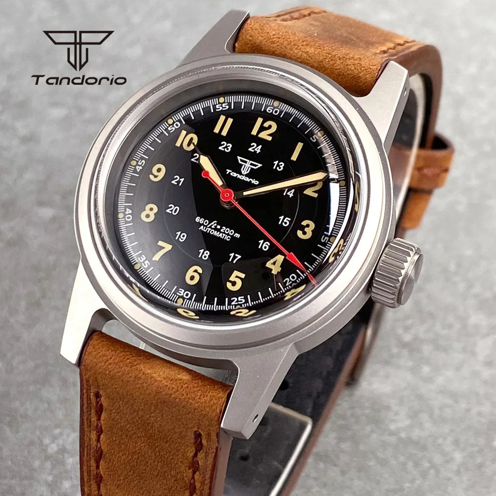 Tandorio Sandblasted 36mm Men's Dive Mechanical Wristwatch Domed Sapphire Crystal NH35 PT5000 20BAR Luminous Watch Date Leather