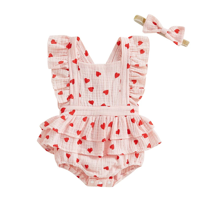 Infant Toddler Baby Girls Valentine's Day Romper Bow/Heart Print Flutter Sleeves Square Neck Bodysuit with Bow Headband