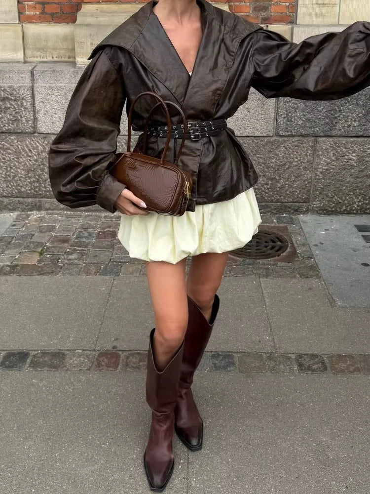 Women Belt Navy Collar Leather Short Jacket Casual Full Sleeve Slim Cropped Brown Pu Coat Lady New Highstreet Party Outwear