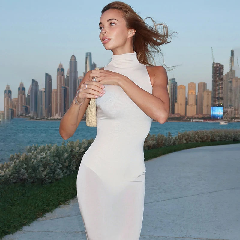 CUTENOVA Women'S Sexy Sleeveless Solid Color High Neck Slim See-Through Dress Summer New Elegant Sexy Fashion Street Dresses