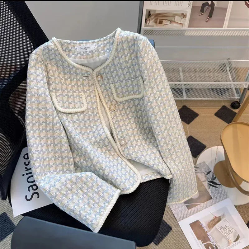 High Quality French Vintage Small Fragrance Tweed Jacket Coat Women's Spring Autumn Casual Fried Street Short Coat Plaid Outwear