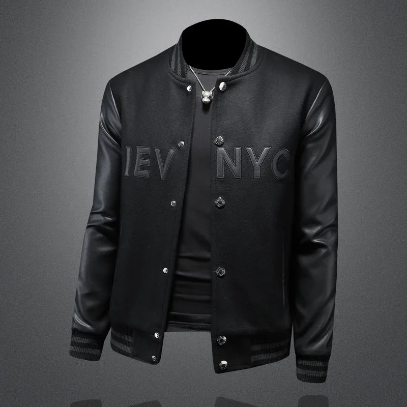 Handsome men's baseball collar patchwork jacket, high-quality baseball uniform, casual jacket, fashionable single breasted top