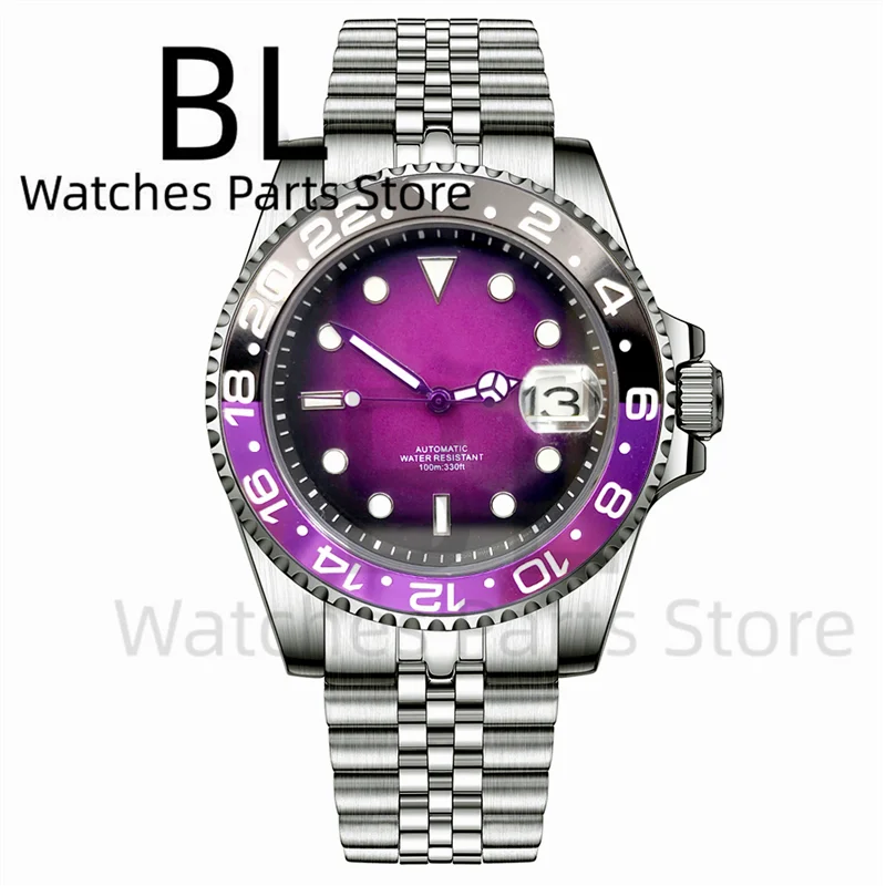 BLIGER 40mm NH35 Watch For Men Luminous Chapter Ring Black Purple Dial With Black Purple Bezel Sapphire Glass Date Waterproof