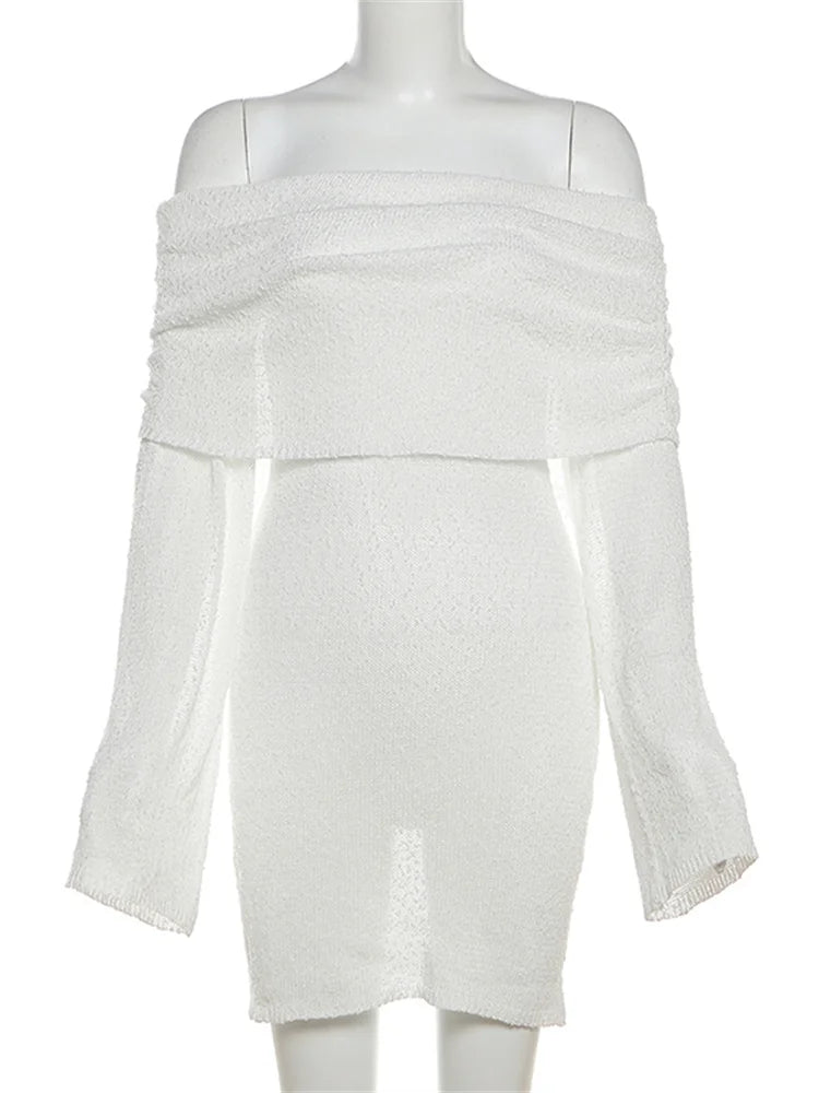 Whatiwear Sexy See Through Dress Women Ruched Slash Neck Flared Sleeve Vacation Fashion Beach Party Elegant Knit Mini Bodycon