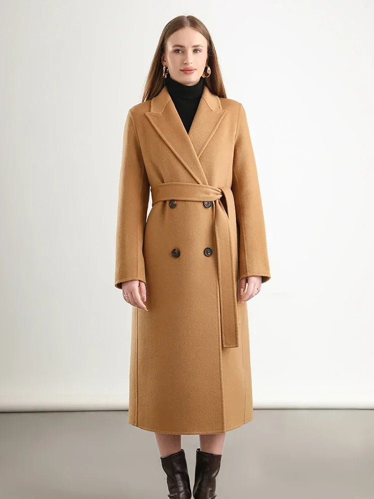 Women 100% Wool Peak Lapel Overcoat Belt Double-Breasted Autumn Winter Long Jacket Trench Coat Ladies Female Clothing #19
