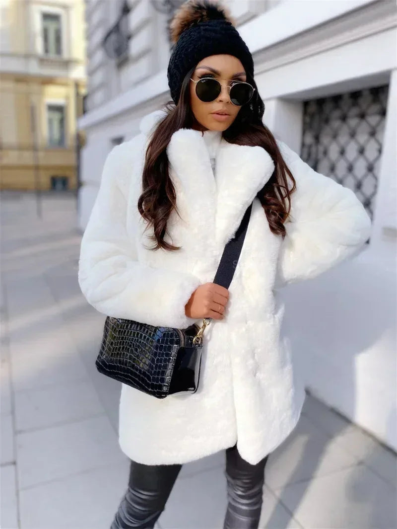 Women Purple Long Sleeve Lapel Winter Coat 2024 New Fashion Temperament Office LadyWhite Fur Jackets Clothing Red