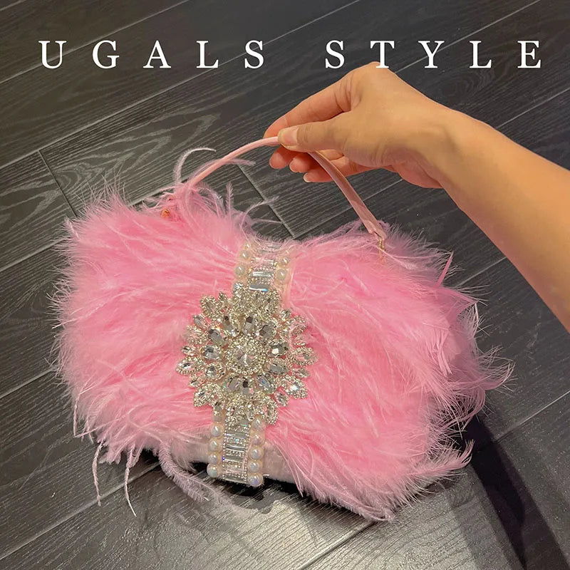 Luxury Ostrich Feather Handbags Diamond Bag Pearl Evening Bags For Women Shoulder Crossbody Bag Party Purse Wedding Clutch