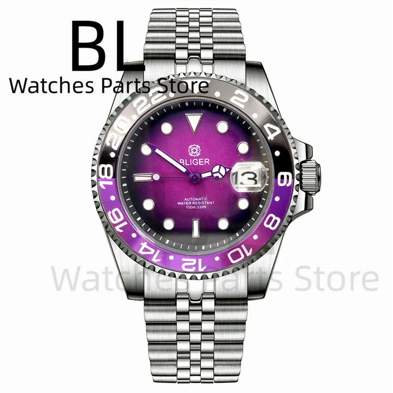 BLIGER 40mm NH35 Watch For Men Luminous Chapter Ring Black Purple Dial With Black Purple Bezel Sapphire Glass Date Waterproof