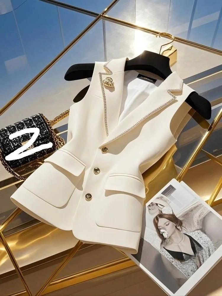 French Elegant Fashion White Suit Vest Women Clothing Summer New High Waist Elegant Slimming Sleeveless Coat Office Lady Clothes