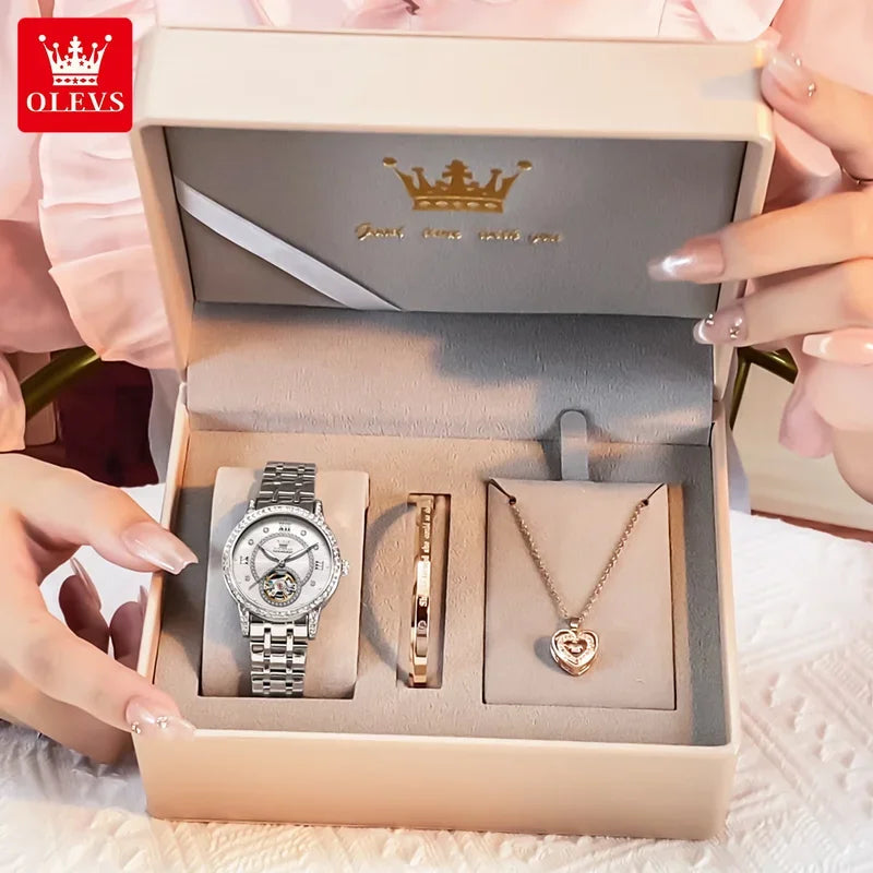 OLEVS Hollow Women's Watch Fully Automatic Mechanical Watch Luxury Diamond Inlaid Starry Sky Elegant Women's Brand Watch 7036