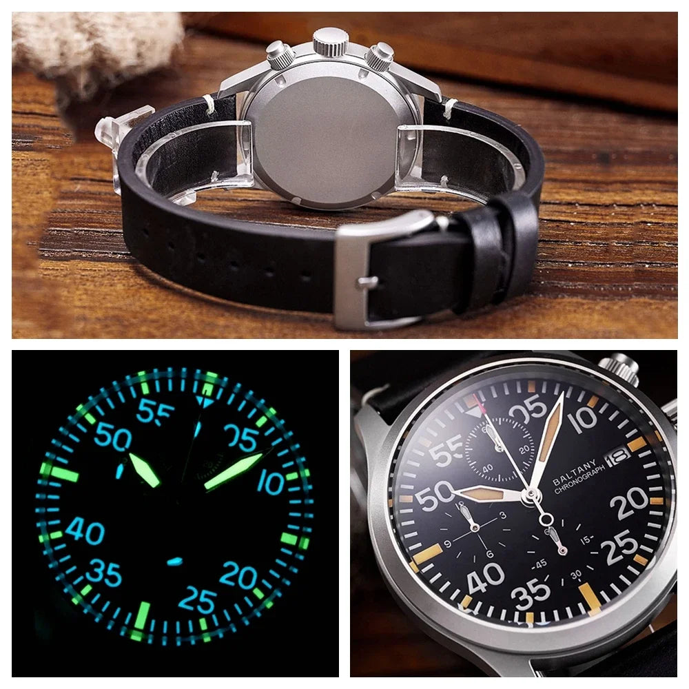 Baltany Military Watch Men 39mm Vintage Pilot Watch VK67 Chronograph Quartz Wristwatches Retro Style Air Force Luminous Clocks