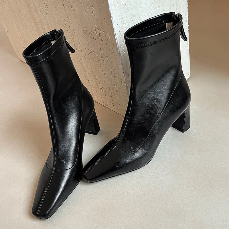 JOZHAMTA Size 33-40 Women Ankle Stretch Boots Soft Leather Chunky High Heels Shoes Winter Elastic Short Booties Casual Office