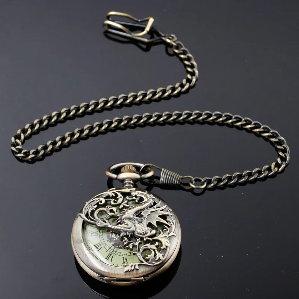 NEW Vintage Mechanical Pocket Watch Mens Hand-winding Skeleton Dragon Chain Retro Roman Numerals Display Pocket Clock