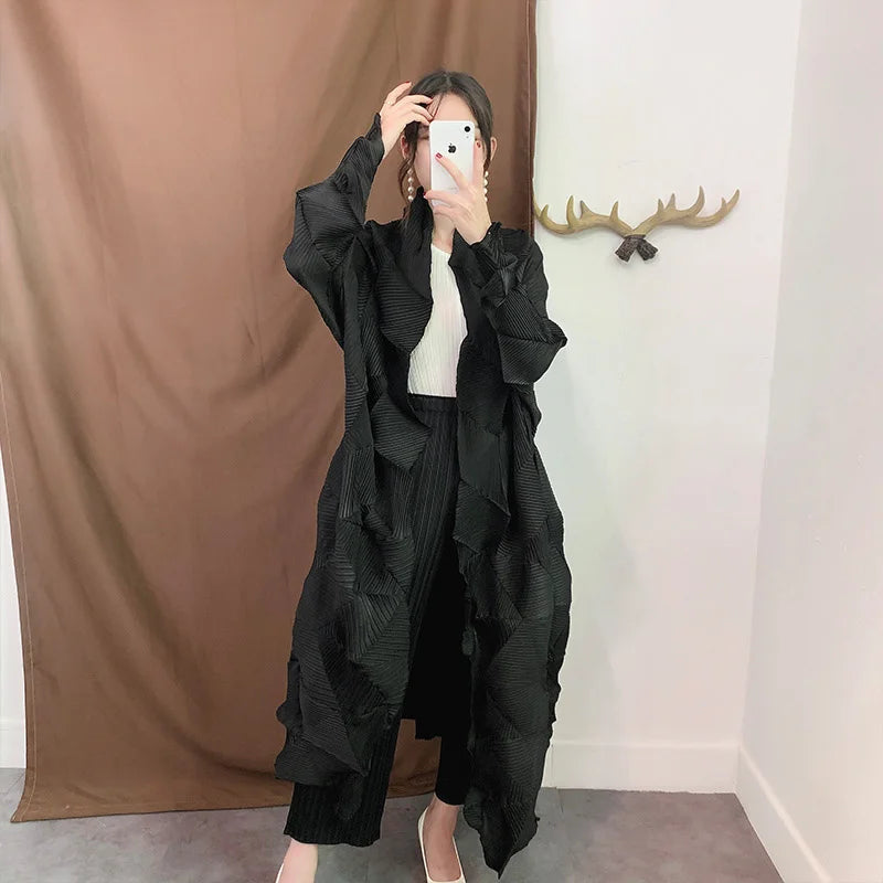 Miyake Pleated Long Trench Coat Women 2025 Spring Lapel Solid Color Long Sleeve Loose Casual Female Fashion Windbreaker