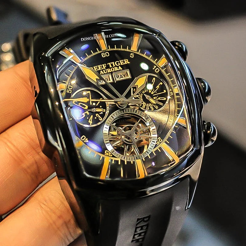 Reef Tiger/RT Designer Sport Watches with Tourbillon Stainless Steel Rubber Strap Blue Dial Automatic Watches RGA3069