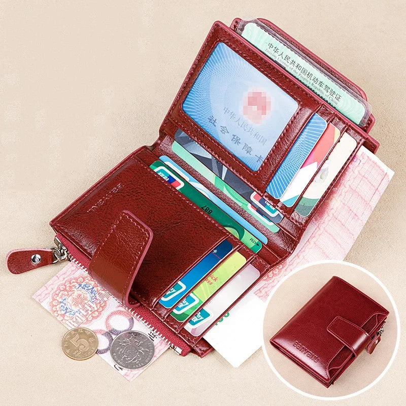Genuine Leather Wallets for Women Red Money Purses Zipper RFID Short Female Small Card Holder Coin Purse Trifold Bifold Wallet