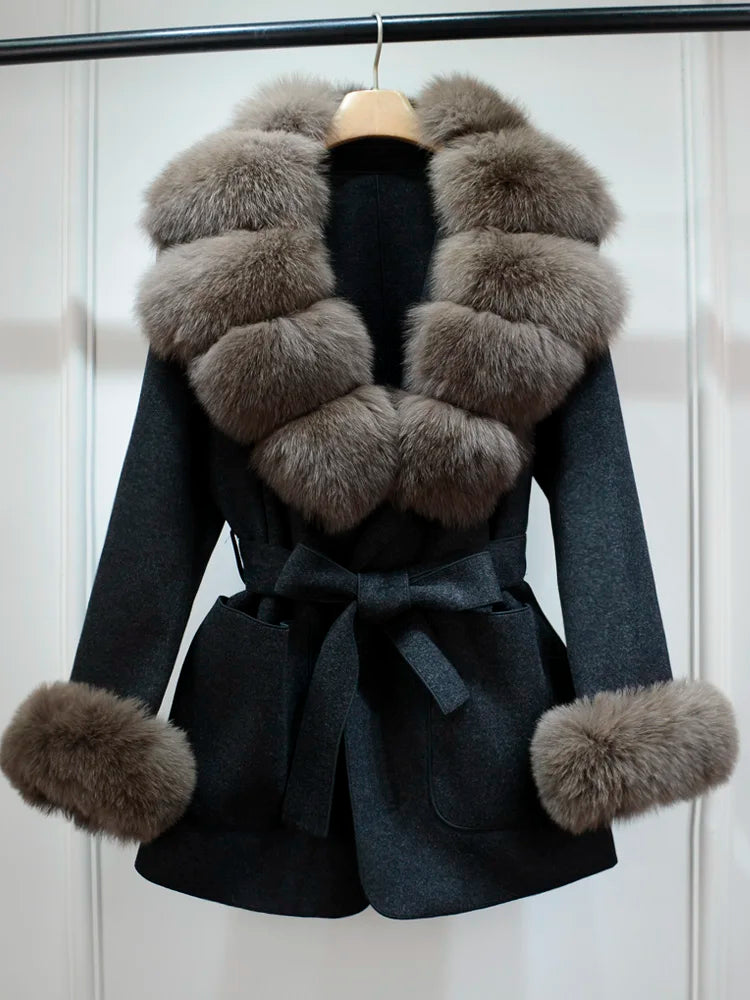 Lagabogy 2025 Large Natural Fox Fur Collar Cuffs Winter Cashmere Wool Blends Women Slim Fit Suit Double Sided Woolen Trench Coat