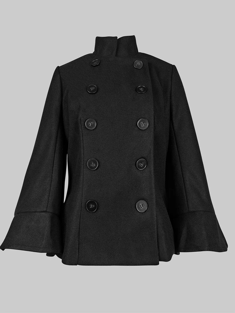 Gymystars Womens 2025 Short Jacket England Buttoned Black High Neck Coats Spring Long Flared Sleeves Outerwear For Women
