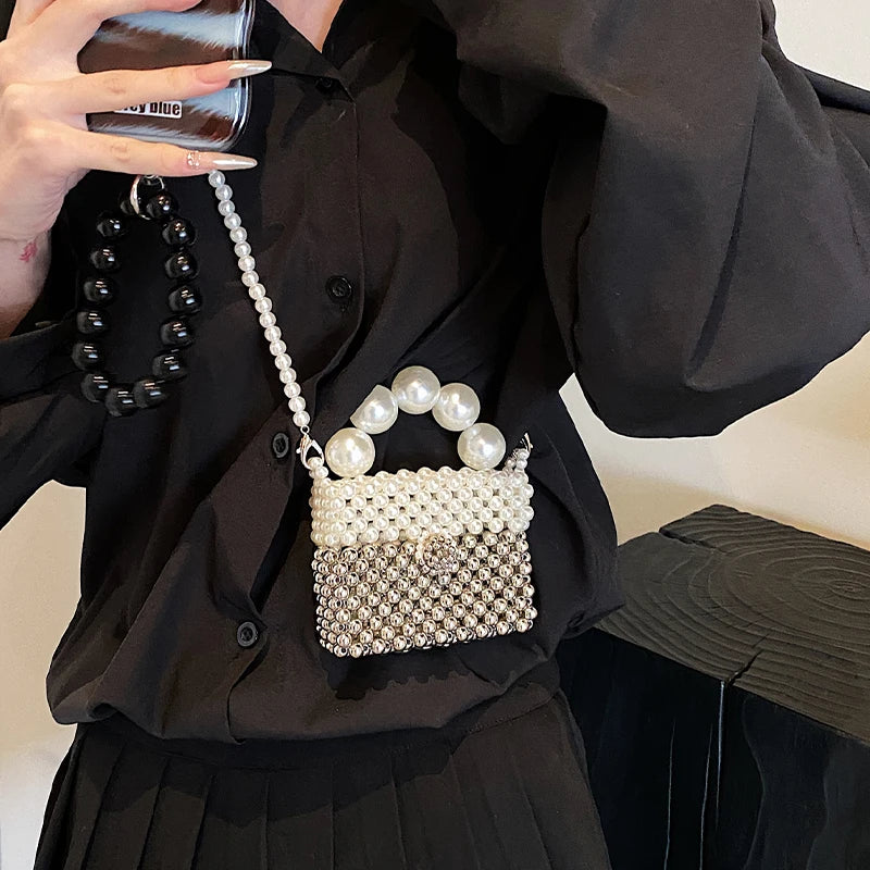 Pearl Clutch Bag Beading Handmade Woven Handbag Femme 2024 Luxury Wedding Purse High Quality PVC Crossbody Lady Box Lipstick Bag