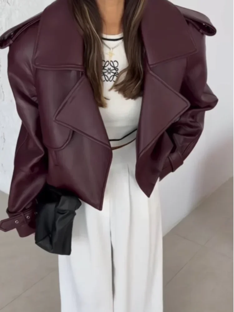 Women's Red Pu Leather Burgundy Solid Lapel Cropped Jacket Female Pockets Long Sleeves Short Coat 2024 Lady Autumn Streetwear