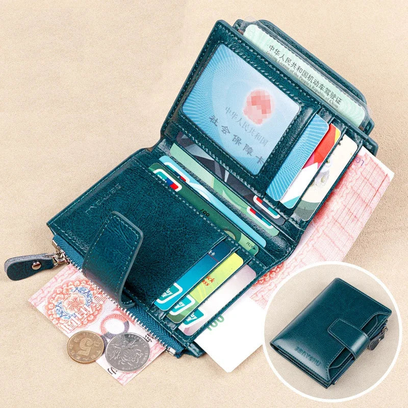 Genuine Leather Wallets for Women Red Money Purses Zipper RFID Short Female Small Card Holder Coin Purse Trifold Bifold Wallet