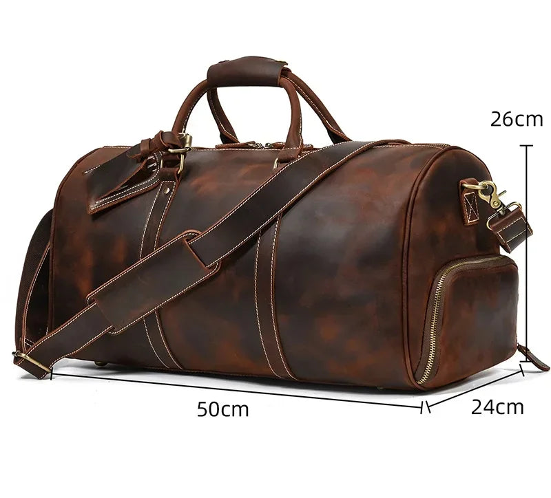 52cm Vintage Genuine Leather Travel bag for Men Crazy Horse Leather Travel Duffle Large Shoulder Bag Cowhide Bag Weekend Bag