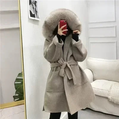 2024 New Woolen Coat Oversize Ladies Outerwear Winter Women Natural Fox Fur Collar Cuffs Jacket Hood Cashmere Wool