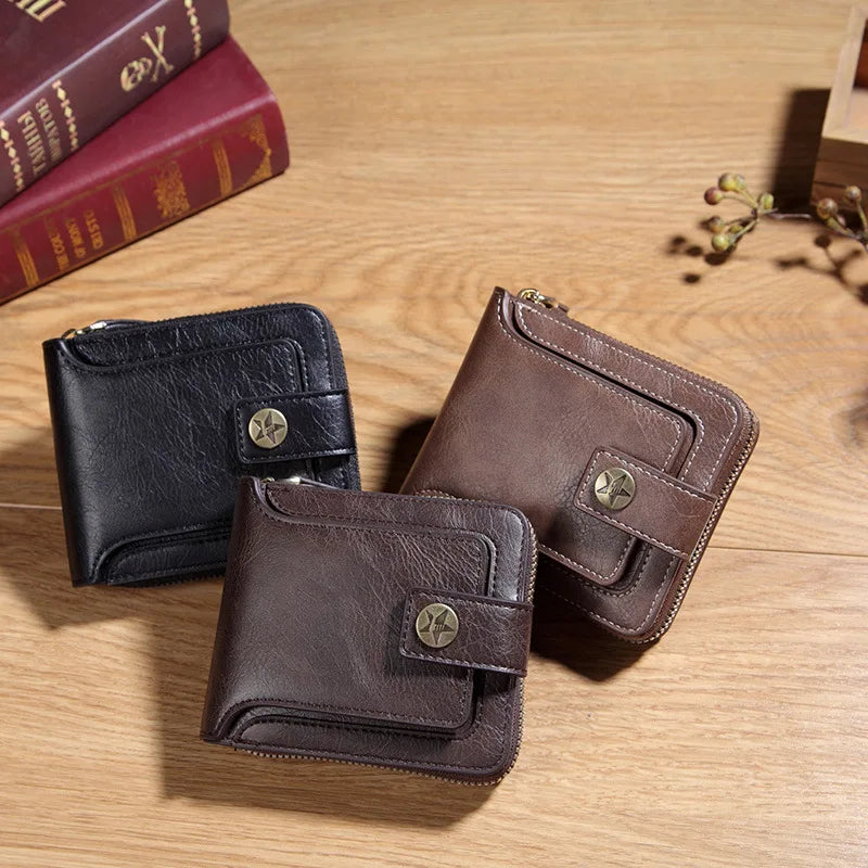 Vintage Short Wallet For Men Leather Coin Pocket Purse Man Multi function Tri Fold Card Holder Small Male Money Clip